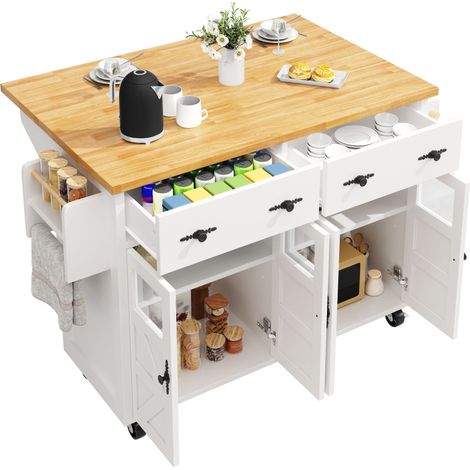 Îlot Central de Cuisine Extensible Blanc, Rangement, Portes Vitrées, Roulettes, Étagères Réglables, Solide,MDF,140x45(73)x93.5cm (1/5)
