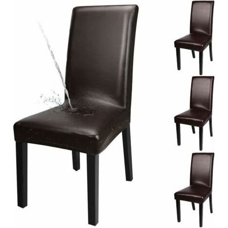 Lot de 4 housses de chaise en cuir synthétique solide étanche pour salle à manger, Cuir synthétique (polyuréthanne), marron, 4-Stück
