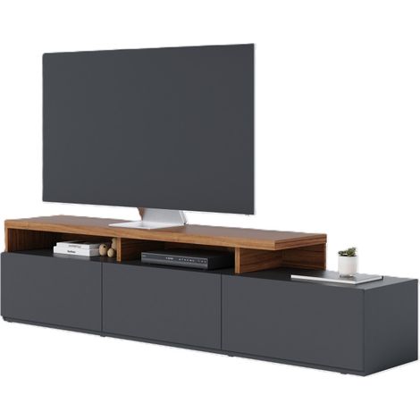 Meuble TV Bar 70 Pouces Chêne et Anthracite 3 Portes 6 Niches L 210 H 50.6 P 45.3 cm (1/5)