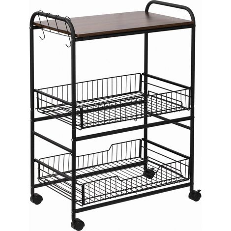 Carrello da Cucina Portavivande Stile Industriale con 4 Ruote, 2 Cestini e 4 Ganci, 60x38x85.5cm, Marrone Nero