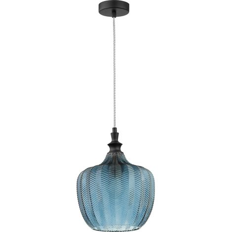 Merano Frisco Dome Suspension Plafonnier Métal Noir Mat Verre Bleu Foncé LED E27