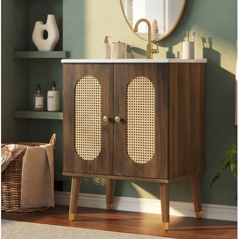 Meuble vasque 61 cm avec lavabo en céramique, portes en rotin, couleur noyer HAVRYA (1/5)