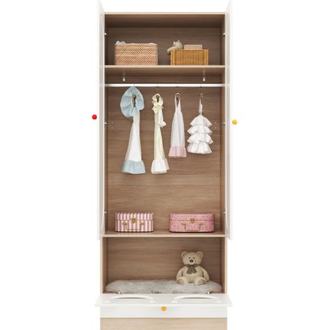 ELVMI Armadio per Cameretta a 2 Ante con Barra, Ripiani e Cassetti, Ante Curve, MDF Bianco e Legno (1/5)