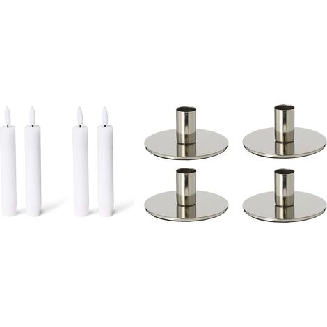 Ensemble de 4 bougeoirs argentés pour bougies coniques 10 x 5 cm avec LED cire véritable