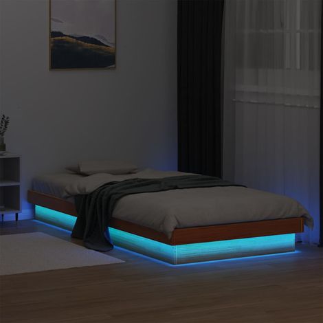 Cadre de lit LED RVB 90 x 190 cm en pin massif couleur cire marron avec sommier à lattes - PANGIVO (1/5)