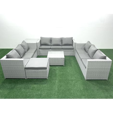 Fimous Gartenmöbel im Freien Polyrattan 10-Sitzer Rattan Garten Sofa Set mit 2 Großer Hockern Beistelltisch Hellgrau gemischt (1/5)