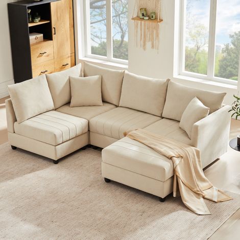 Divano angolare modulare 5 posti beige effetto lino, 220 x 194 x 85 cm, OKWISH (1/5)