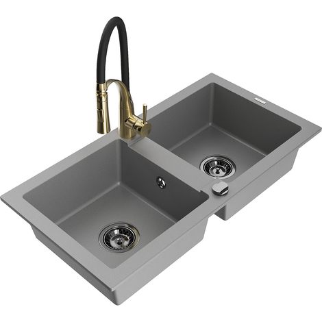 Mexen Mario granitspüle 2-becken mit küchenarmatur Aster, grau - 6504-71-73450-57-B (1/5)