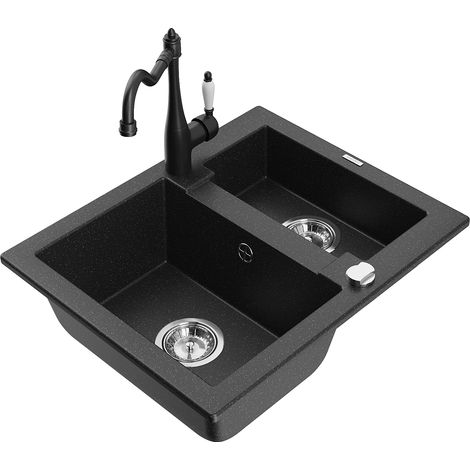Mexen Carlos lavello in granito 1,5 vasche con rubinetto da cucina Carla, nero/argento metallizzato - 6518-73-670700-70 (1/5)