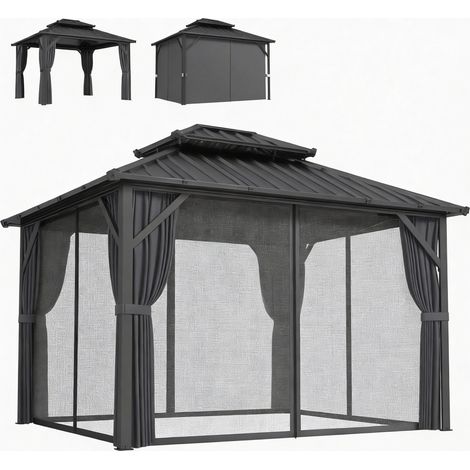 Gazebo 3 x 3,6 m à Toit Rigide avec Toit Double en Acier Galvanisé, Structure en Aluminium, Gris Foncé (1/4)