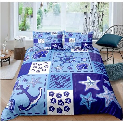 Anchor Parure de Lit 90x190cm Thème Nautique Housse de Couette Dessin animé Starfish Sets de Housse de Couette Blue Ocean - VIF (1/4)