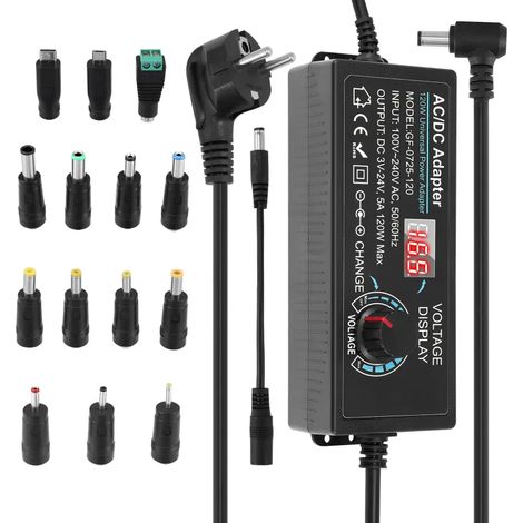 Adaptateur secteur universel 5 A 120 W, tension d'entrée réglable de 100 V à 240 V CA/CC, avec indicateur de tension LED, interfaces multiples et 14 prises pour appareils électroniques. (1/5)