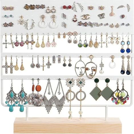 Jewellery organiser, 144 holes (White) with wooden base, hanging earring holder (1/4)