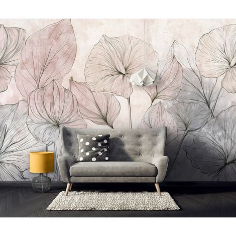 Papier peint panoramique feuilles aquarelle roses et grises pour salon et chambre 416x254 cm (1/5)