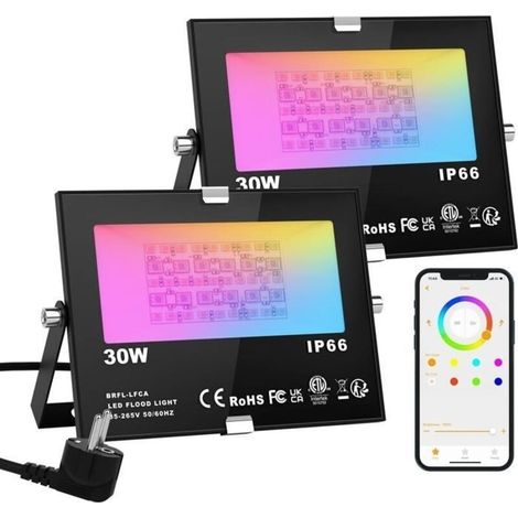 2Pcs RGBW Projecteur LED Exterieur 30W contrôlé par smartphone, Intelligente RGB Spot LED de Couleur, IP66 Etanche (1/5)