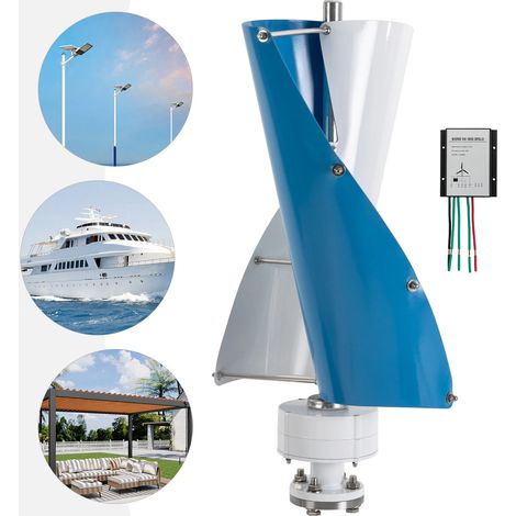 Komplettes Set für vertikale Windkraftanlagen, 100 W, elektromagnetische Steuerung, 0,4 m Raddurchmesser, Windgenerator für Boote, Pavillons, Ferienhäuser, IP67 (weiß + blau, 12 V) (1/5)
