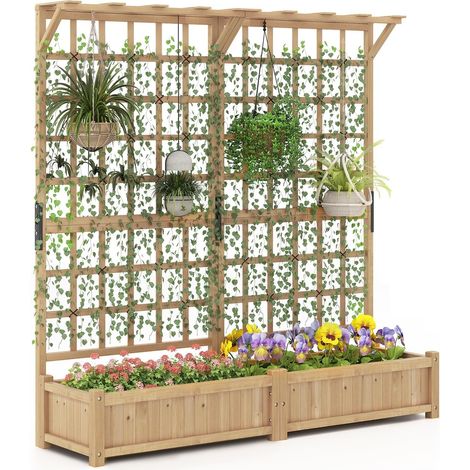 COSTWAY Fioriera In Legno Per Esterni Con Traliccio,Letto Da Giardino Elevato Con Tralicci E Scatola Per Piante,Letto Da Giardino Elevato Per Piante Rampicant (1/5)