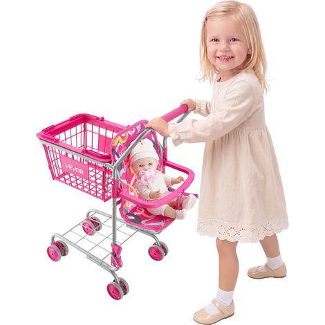 Chariot de Courses pour Enfants, Cadre en Métal, Chariot de Supermarché Jouet Pliable avec Poupée, Siège pour Poupée, Jeu d'Imitation dès 3 ans, 4 Roues Pivotantes, Panier et Rangement Inférieur (1/5)