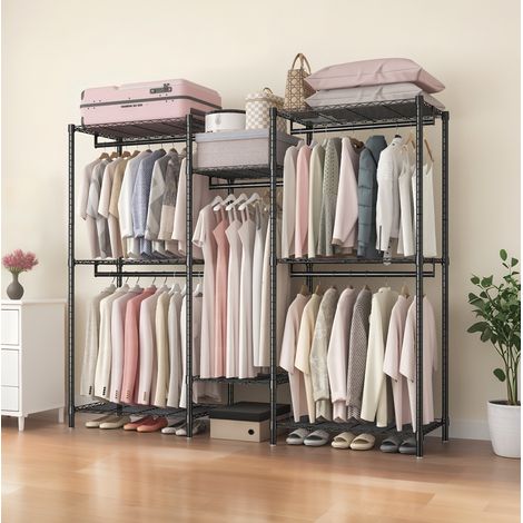 Perchero organizador de ropa (80x46x24 cm), con 8 baldas y 5 barras ajustables, metal negro (1/5)
