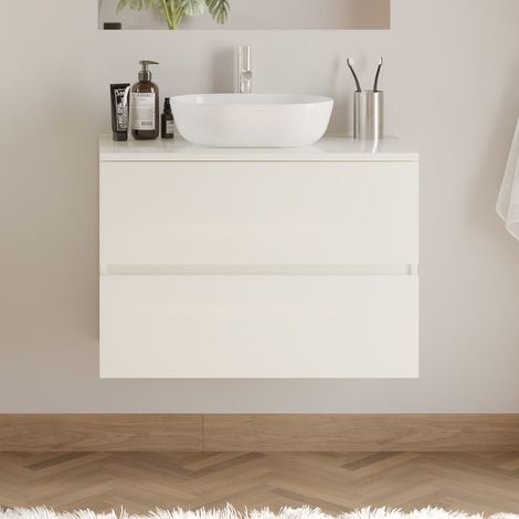 Meuble de salle de bain 70cm avec plateau et vasque à poser arrondie - 2 tiroirs - sans miroir - blanc brillant - IDA (1/5)