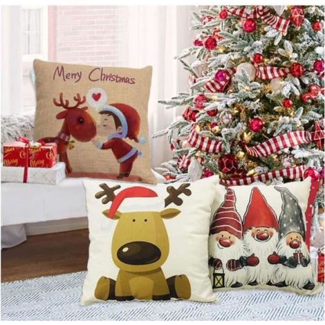 Housse Coussin - 45x45 cm - Décoration Noël Intérieur - Lin - 4 Pièces (1/4)