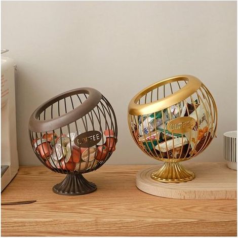 Corbeille à fruits en fer - Design sphérique - Panier de rangement multifonction - Couleur marron doré - Pour cuisine, salon, bonbons et capsules - Décoration (1/4)