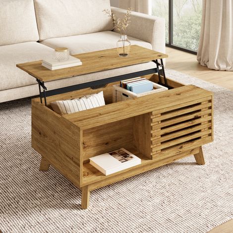 Table basse moderne rétro en MDF, plateau relevable et réglable, porte coulissante à lames, rangement modulable ouvert ou fermé, aspect bois, 90 x 55 x 57,5 cm – CHICFURN (1/5)