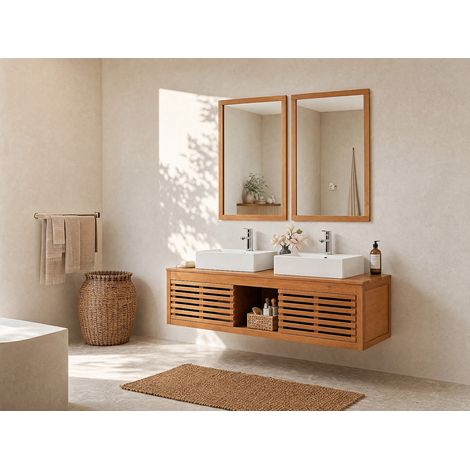 Mobile bagno sospeso con lavabo doppio e specchi 130 cm in Legno di acacia - PENEBEL (1/5)