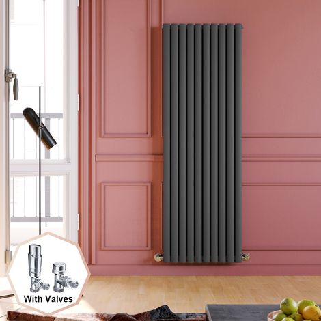 ELEGANT 1800 x 590 mm Designer Anthracite Vertical Column Rads Low Carbon Steel Radiator Double Oval Panel + Chrome Thermostatic Radiator Valves (1/5)