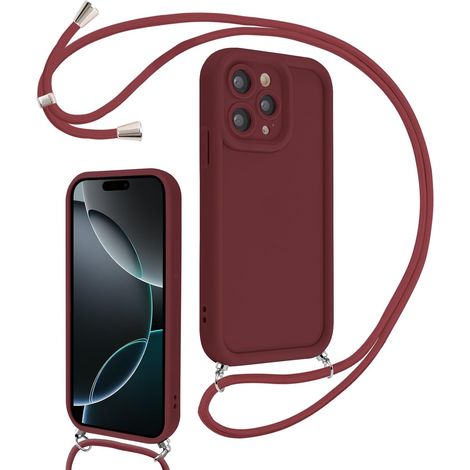 Coque pour iPhone 16 Pro 6,3" avec Cordon de Collier Réglable, Etui Protection de la Caméra Silicone Souple TPU Antichoc Housse avec Corde Lanyard Cover pour Femmes Filles, Rouge (1/5)