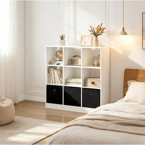 Meuble de rangement bibliothèque cube 80 x 86,5 x 30 cm avec 3 tiroirs en tissu blanc et noir HAVRYA (1/5)
