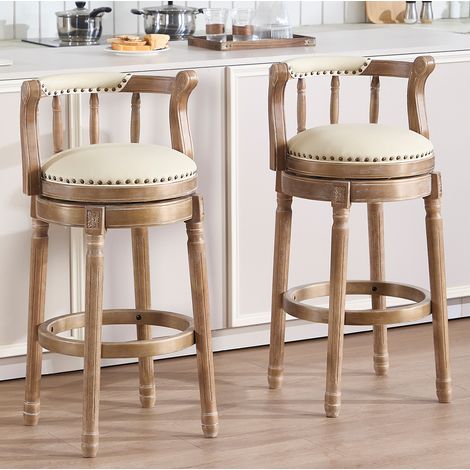 REDOM taburete de bar giratorio con respaldo, asiento tapizado en cuero genuino y estructura de madera blanca (1/5)
