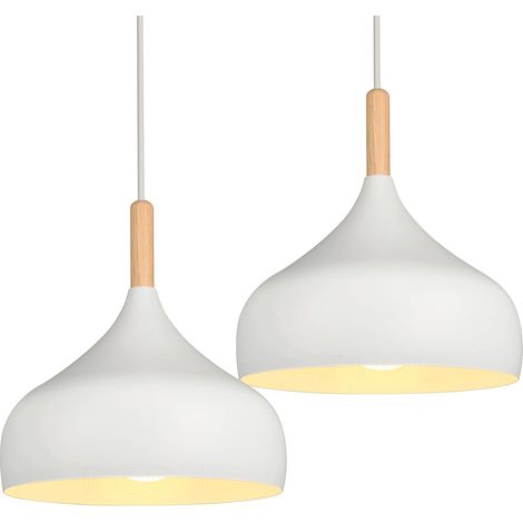 Pendelleuchte – 2er-Set – Metall und Holz – Skandinavisches Design – E27, max. 60 W – Für Wohnzimmer und Küche – Weiß, Ø 24 cm (1/5)