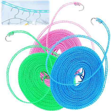Lot de 3 cordes à linge coupevent antidérapantes 10 m Accessoire de camping pour jardin, voyage, vacances, campingcar ou caravane