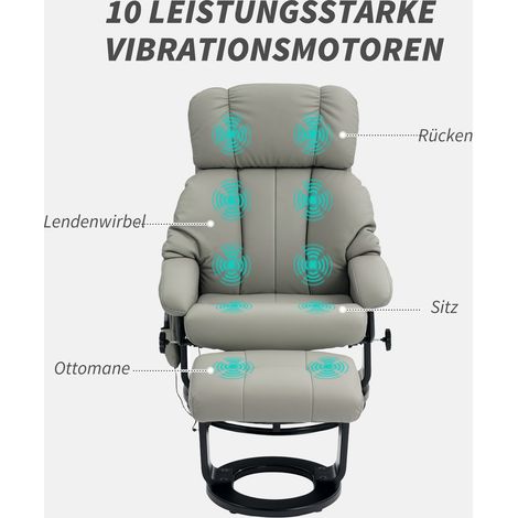 Fauteuil relaxant inclinable avec massage intégré, similicuir gris, poche latérale pour télécommande, usage salon ou TV