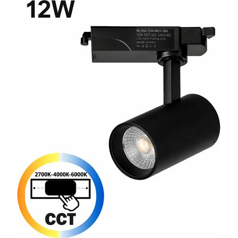 Spot LED pour Rail Monophasé 12W CCT 2700K-4000K-6000K Orientable Noir