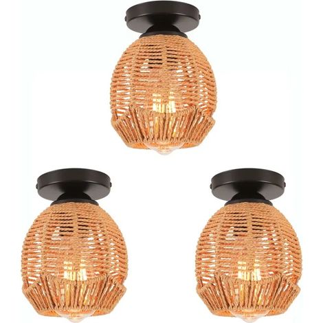 3pcs Rétro Plafonnier Industriel,Lampe de Plafond en Cage Abat-jour en Rotin et Métal Lustre Forme Ellipse pour Salon Chambre (1/5)