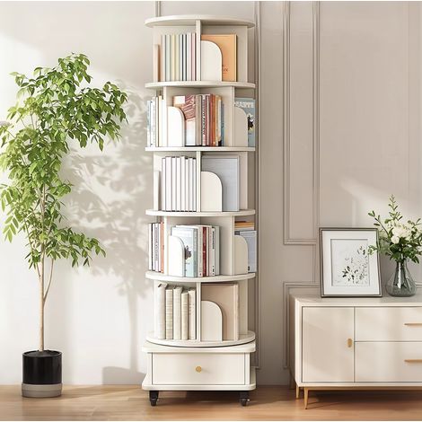 Bibliothèque rotative 360° sur roulettes avec tiroir, 46 x 46 x 173 cm, MDF blanc DESVIAE (1/5)