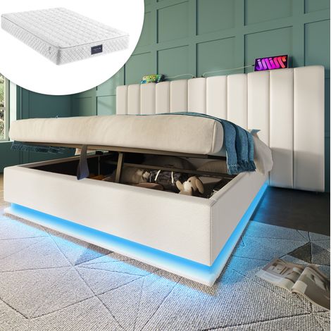 Lit coffre capitonné 160x200 cm moderne, PU blanc, avec tête de lit, LED 360°, USB-C et sommier à lattes (1/5)