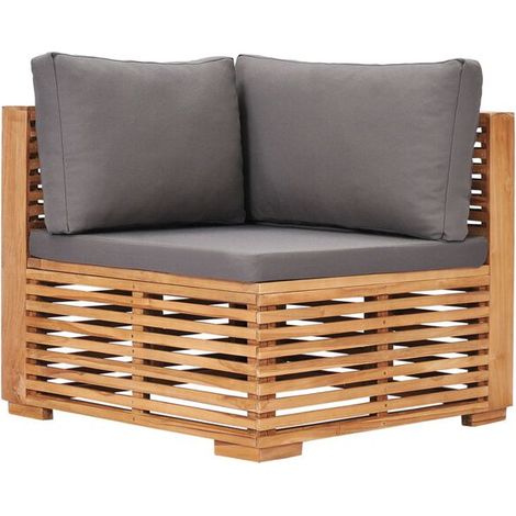 Canapé d'angle de jardin avec coussins gris. Fabriqué en teck massif. (1/5)