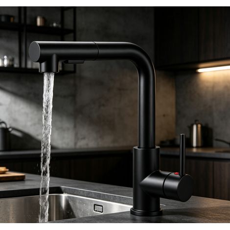 DUSCHPARADIES Küchenarmatur Ausziehbar Zinklegierung Messingkern KTW 360°Schwenkbar 2 Wasserstrahlarten L-Form Einhebelmischer Mischbatterie Schwarz (1/5)