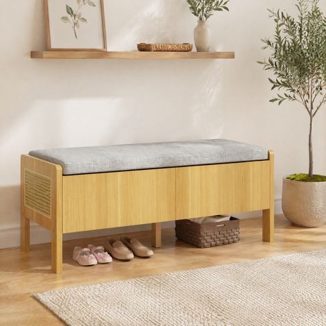 Banco zapatero con almacenaje (113x40x45.5 cm), laterales de ratán, asiento acolchado, bambú y MDF, natural y gris (1/5)