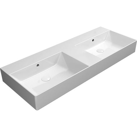 Lavabo double KUBE X en céramique 120x47cm, sans trou pour robinetterie, blanc ExtraGlaze (1/4)