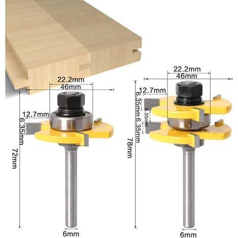 Jeu de fraises à rainurer et languette assorties, queue de 6 mm, 3 dents, en forme de T, outil de coupe, de finition et de travail du bois