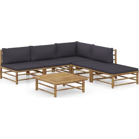 Salon de jardin 6 pcs Ensemble Table et Chaise de Jardin - avec coussins gris foncé Bambou BV653576 - BonneVie (1/5)