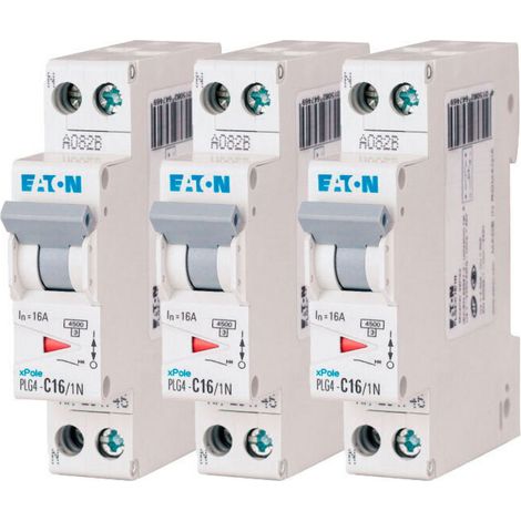 Lot de 3 disjoncteurs 16A PLG, Ph+N 4,5kA (EN 60898) courbe C - EATON