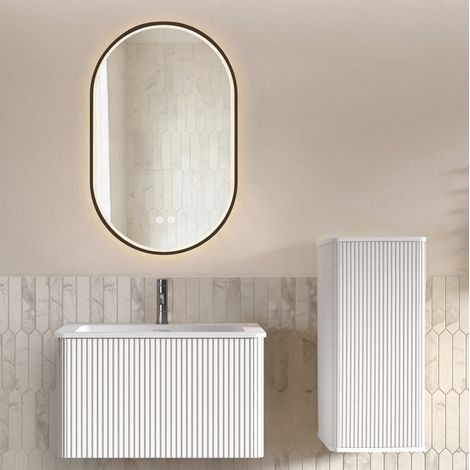 Badmöbel Set mit LED Spiegel, wandhängendem Unterschrank und Seitenschrank, Weiß (1/5)