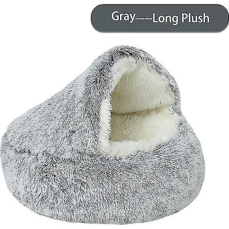 Nouveau lit d'hiver rond et chaud avec capuche pour chat et chien, niche douce et longue en peluche pour petits chiens et chats - 40 cm de long - Gris peluche (1/4)