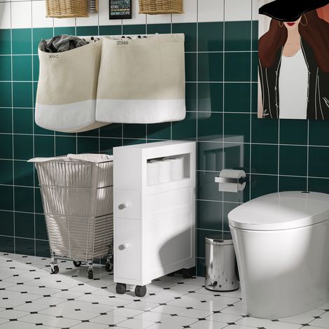 Mobiletto da bagno su ruote, con contenitore per WC, ripiano a giorno e 2 cassetti, dimensioni 16 x 52 x 71,5 cm, colore bianco.