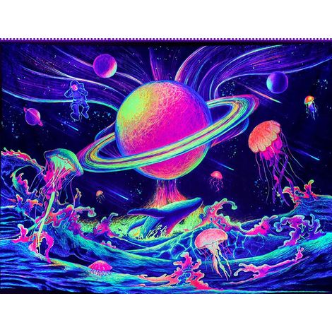 Tapisserie UV astronaute et méduses fluorescentes, motif galaxie néon, 200 x 150 cm (1/5)
